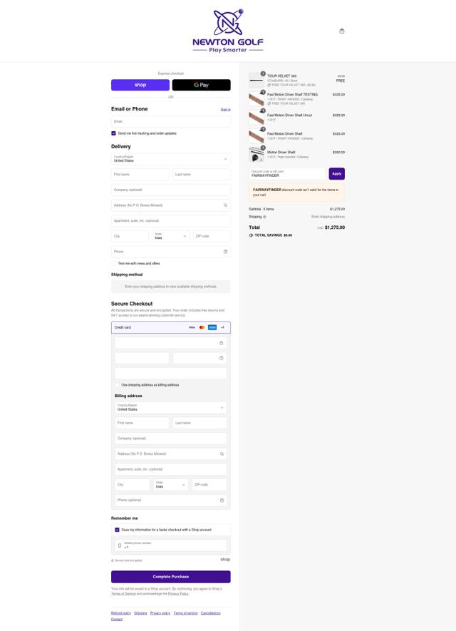 Newton Golf checkout page showing Newton Golf discount code box | Screenshot taken by SimplyCodes community member on Sep 12, 2025