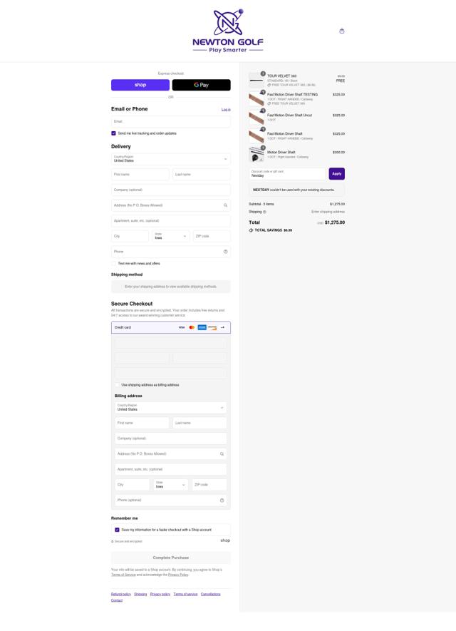Newton Golf checkout page showing Newton Golf discount code box | Screenshot taken by SimplyCodes community member on Sep 8, 2025