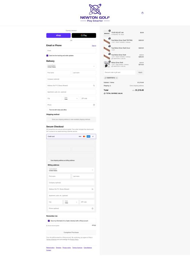 Newton Golf checkout page showing Newton Golf discount code box | Screenshot taken by SimplyCodes community member on Sep 12, 2025