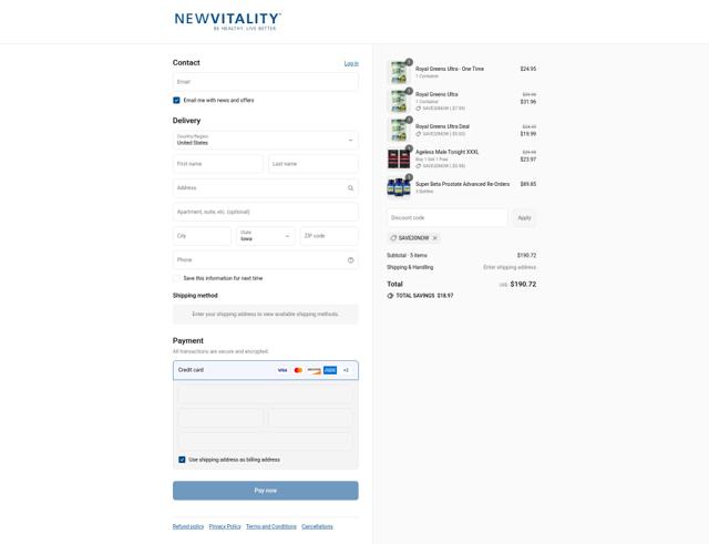 New Vitality checkout page showing New Vitality promo code box | Screenshot taken by SimplyCodes community member on Sep 2, 2025