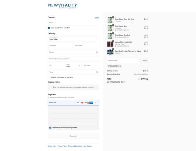New Vitality checkout page showing New Vitality promo code box | Screenshot taken by SimplyCodes community member on Aug 25, 2025