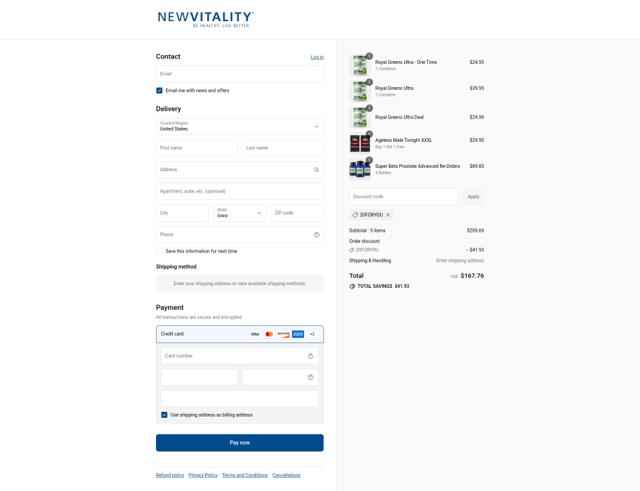 New Vitality checkout page showing New Vitality promo code box | Screenshot taken by SimplyCodes community member on Aug 15, 2025
