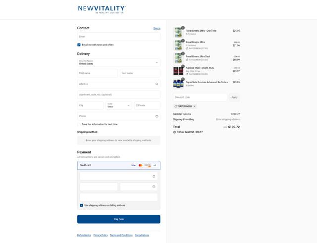 New Vitality checkout page showing New Vitality promo code box | Screenshot taken by SimplyCodes community member on Sep 10, 2025