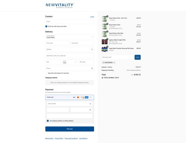 New Vitality checkout page showing New Vitality promo code box | Screenshot taken by SimplyCodes community member on Aug 15, 2025