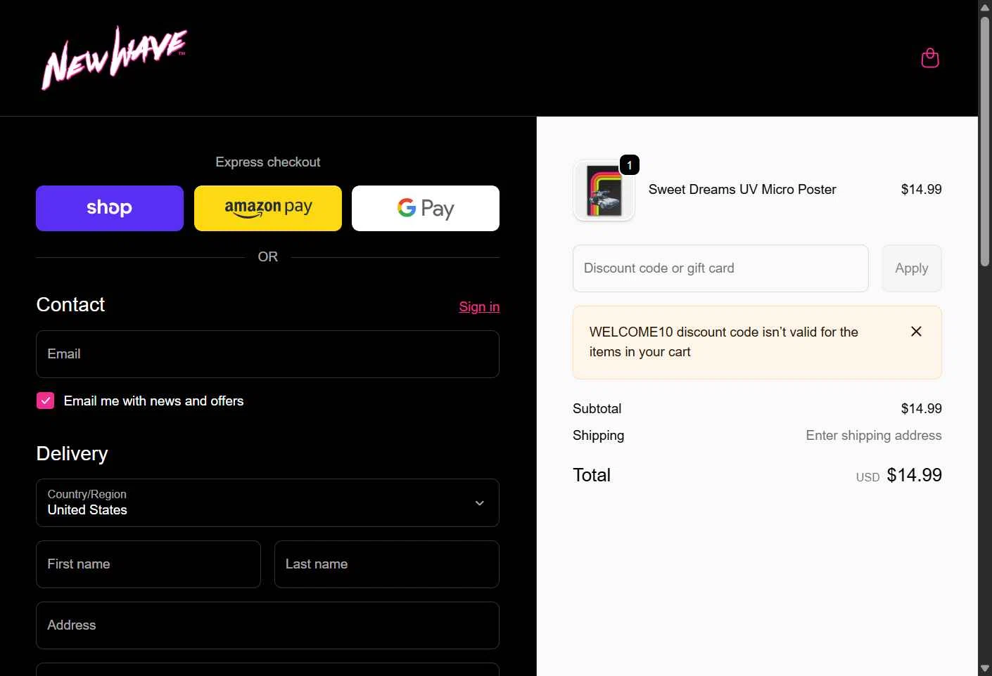 New Wave Toys checkout page showing New Wave Toys discount code box | Screenshot taken by SimplyCodes community member on Feb 5, 2026