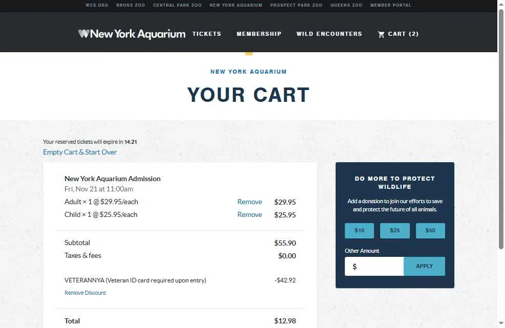 New York Aquarium checkout page showing New York Aquarium promo code box | Screenshot taken by SimplyCodes community member on Nov 16, 2025