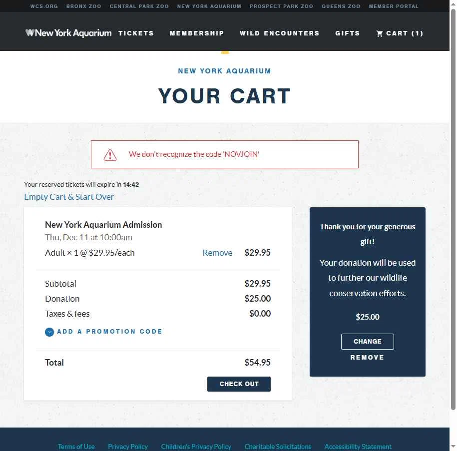 New York Aquarium checkout page showing New York Aquarium promo code box | Screenshot taken by SimplyCodes community member on Dec 9, 2025