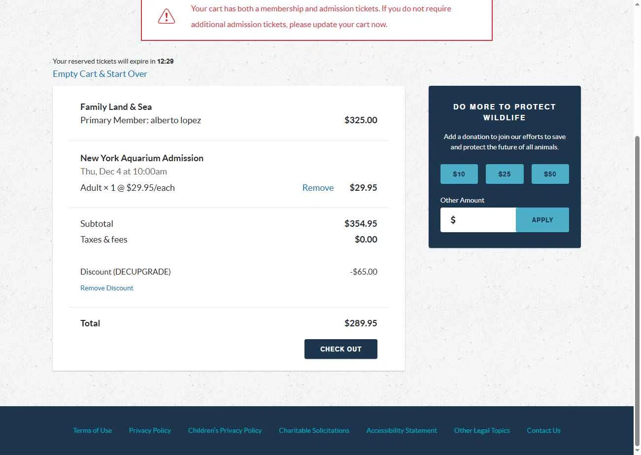 New York Aquarium checkout page showing New York Aquarium promo code box | Screenshot taken by SimplyCodes community member on Dec 2, 2025