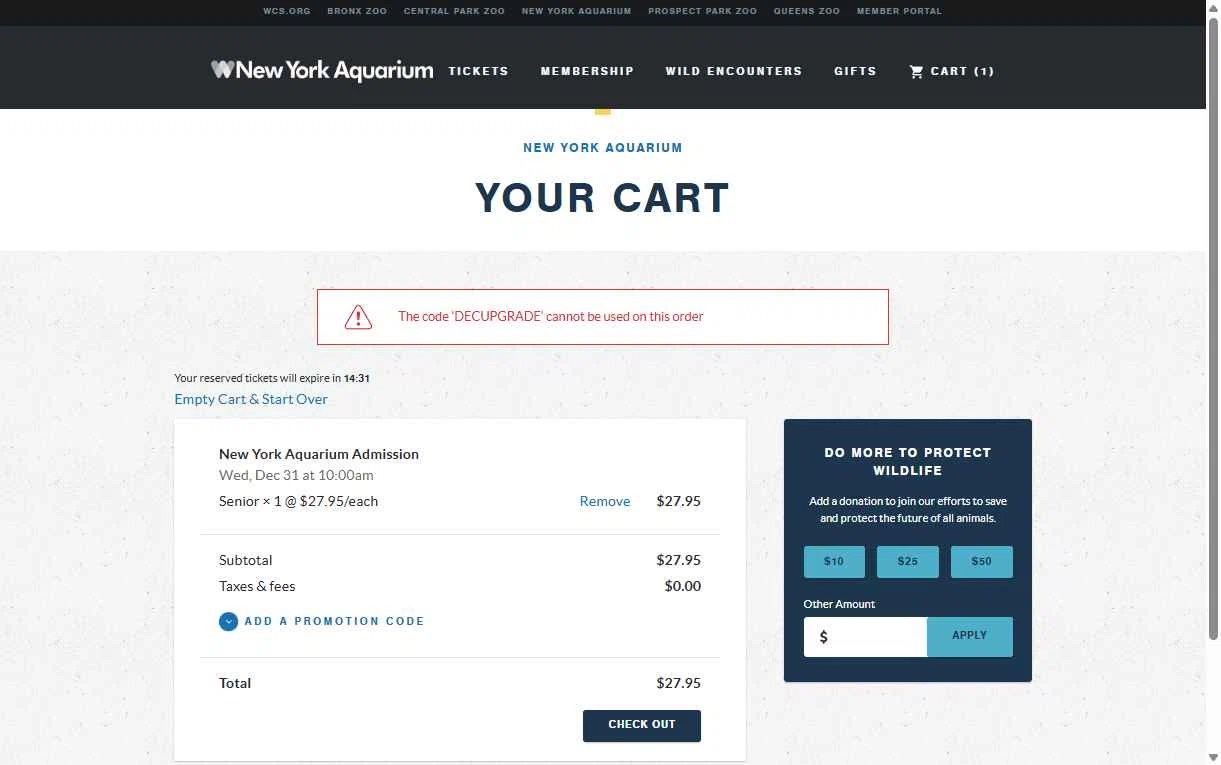 New York Aquarium checkout page showing New York Aquarium promo code box | Screenshot taken by SimplyCodes community member on Dec 31, 2025