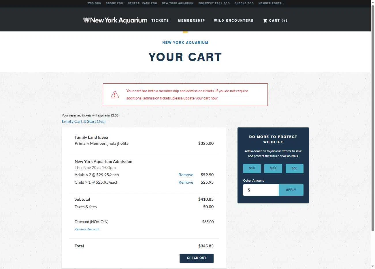 New York Aquarium checkout page showing New York Aquarium promo code box | Screenshot taken by SimplyCodes community member on Nov 1, 2025