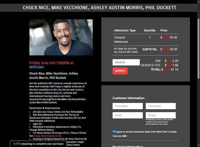 New York Comedy Club checkout page showing New York Comedy Club promo code box | Screenshot taken by SimplyCodes community member on Jun 6, 2025