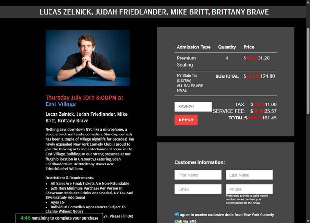 New York Comedy Club checkout page showing New York Comedy Club promo code box | Screenshot taken by SimplyCodes community member on Jul 10, 2025