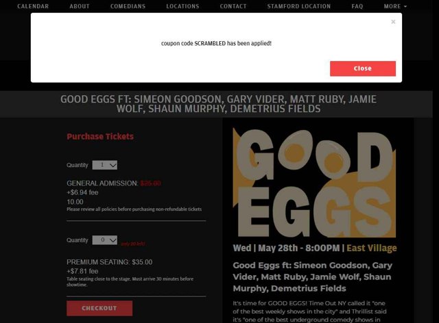 New York Comedy Club checkout page showing New York Comedy Club promo code box | Screenshot taken by SimplyCodes community member on May 28, 2025