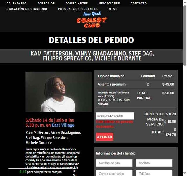 New York Comedy Club checkout page showing New York Comedy Club promo code box | Screenshot taken by SimplyCodes community member on Jun 14, 2025