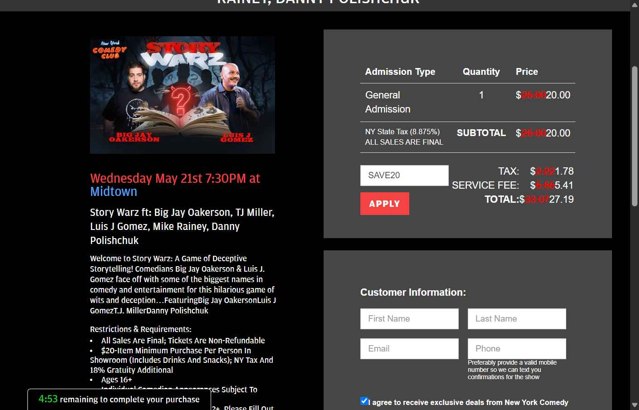 New York Comedy Club checkout page showing New York Comedy Club promo code box | Screenshot taken by SimplyCodes community member on May 21, 2025