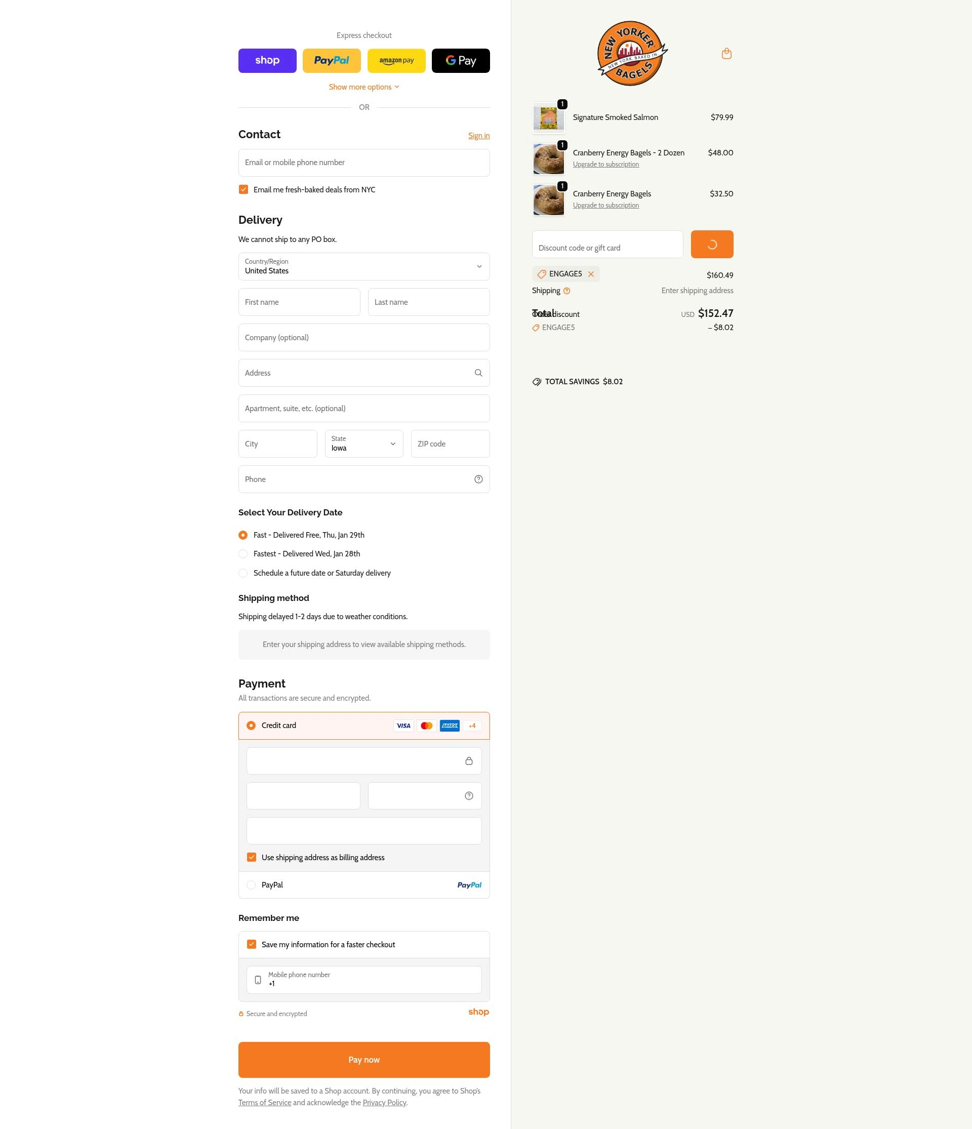 New Yorker Bagels checkout page showing New Yorker Bagels discount code box | Screenshot taken by SimplyCodes community member on Jan 26, 2026