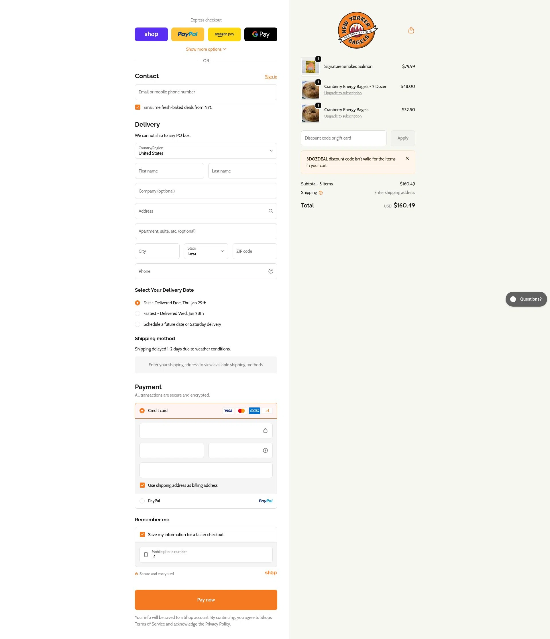New Yorker Bagels checkout page showing New Yorker Bagels discount code box | Screenshot taken by SimplyCodes community member on Jan 26, 2026