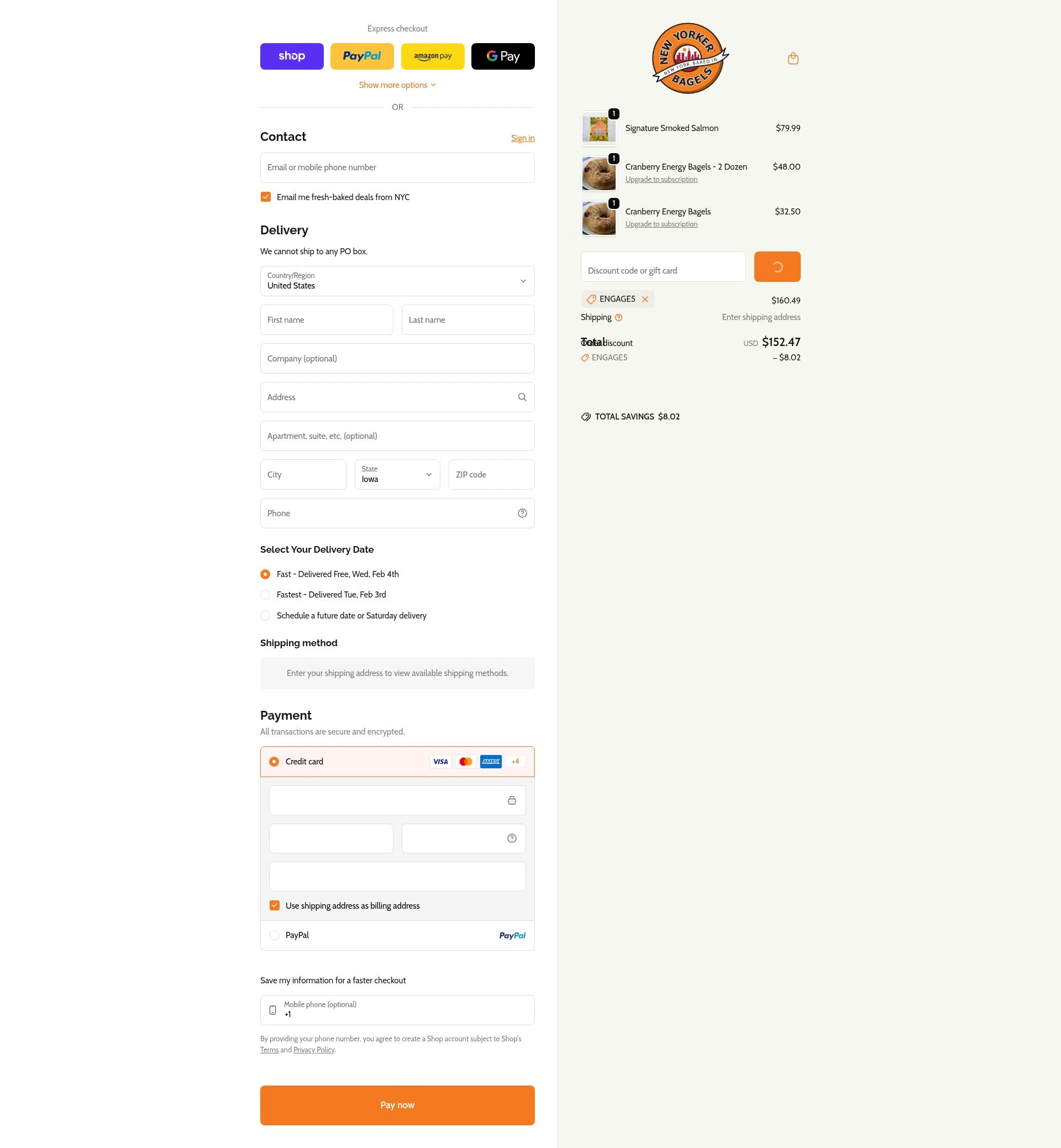 New Yorker Bagels checkout page showing New Yorker Bagels discount code box | Screenshot taken by SimplyCodes community member on Jan 31, 2026