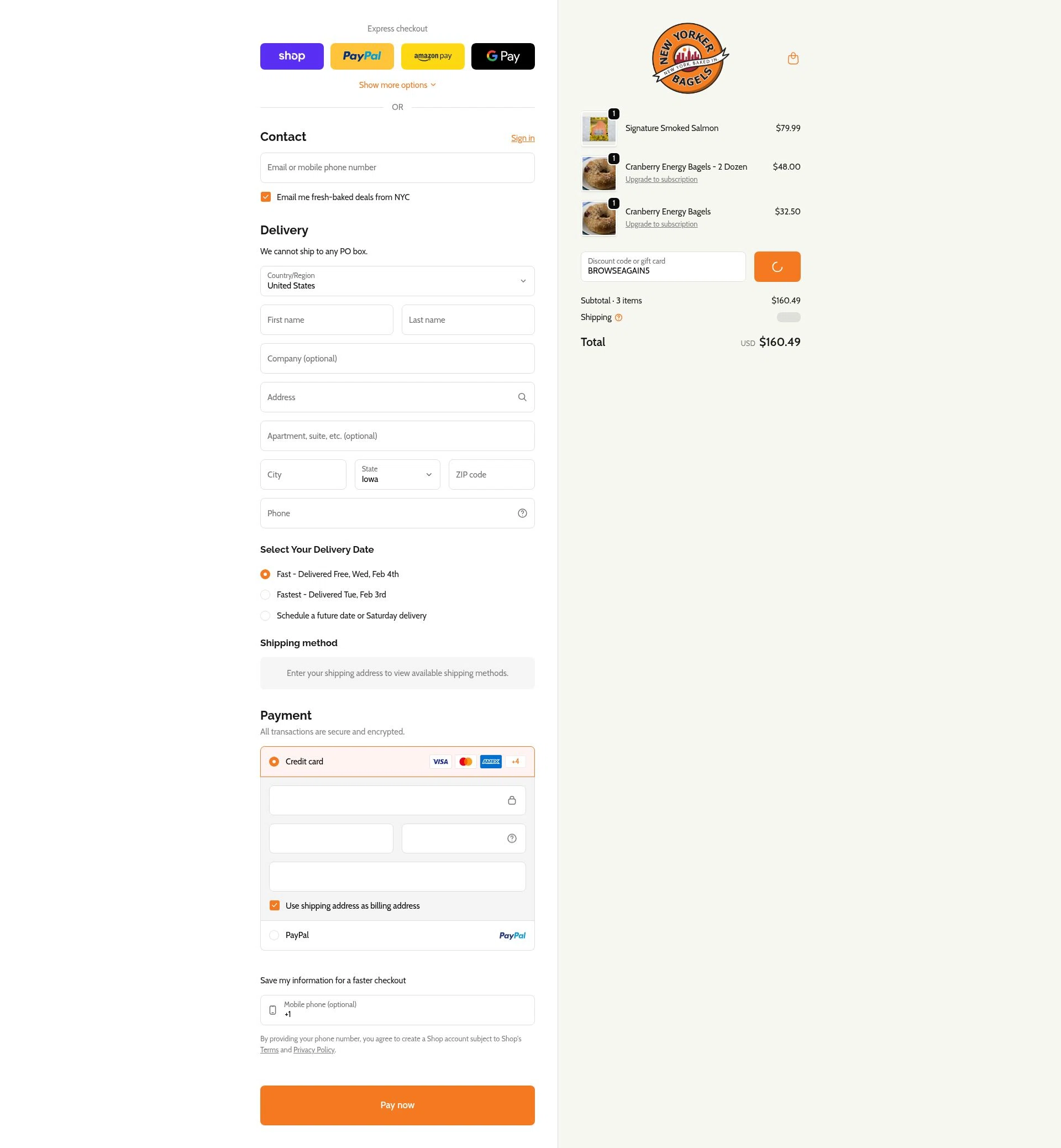 New Yorker Bagels checkout page showing New Yorker Bagels discount code box | Screenshot taken by SimplyCodes community member on Jan 31, 2026