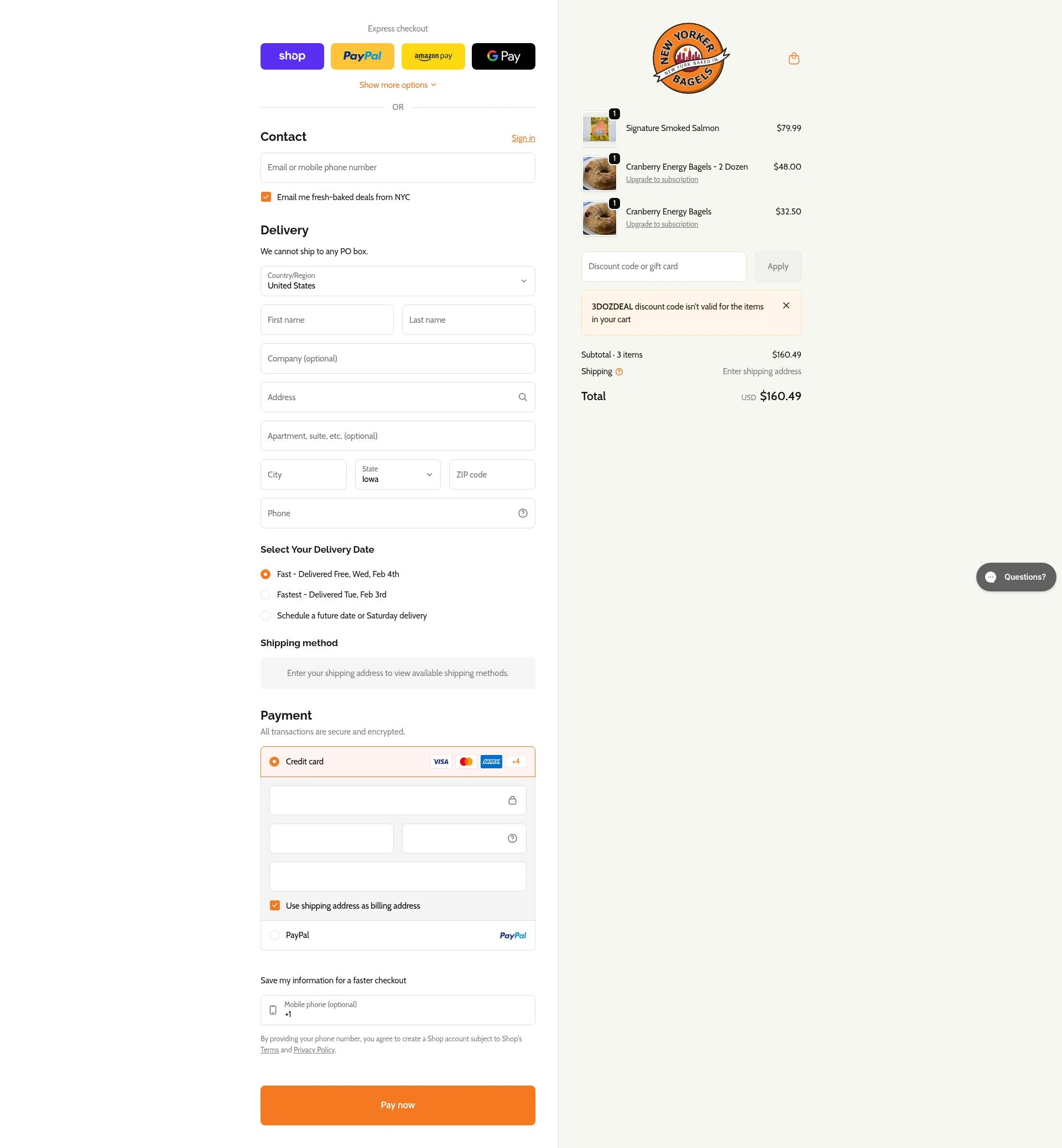 New Yorker Bagels checkout page showing New Yorker Bagels discount code box | Screenshot taken by SimplyCodes community member on Jan 31, 2026