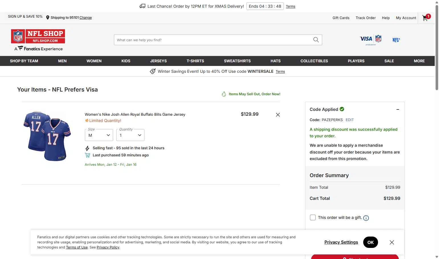 New York Giants checkout page showing New York Giants promo code box | Screenshot taken by SimplyCodes community member on Dec 22, 2025