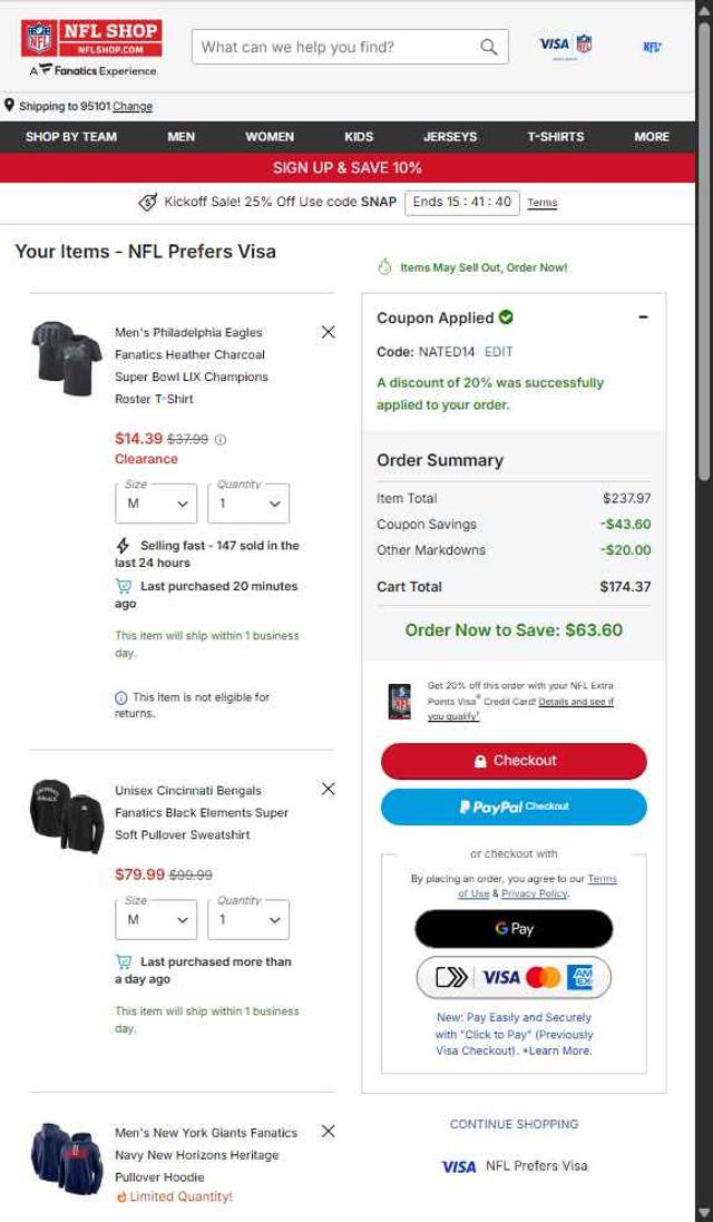 New York Giants checkout page showing New York Giants promo code box | Screenshot taken by SimplyCodes community member on Sep 6, 2025