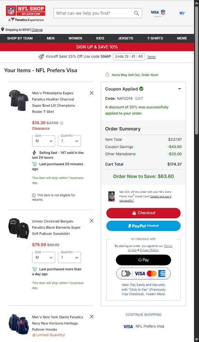 New York Giants checkout page showing New York Giants promo code box | Screenshot taken by SimplyCodes community member on Sep 6, 2025