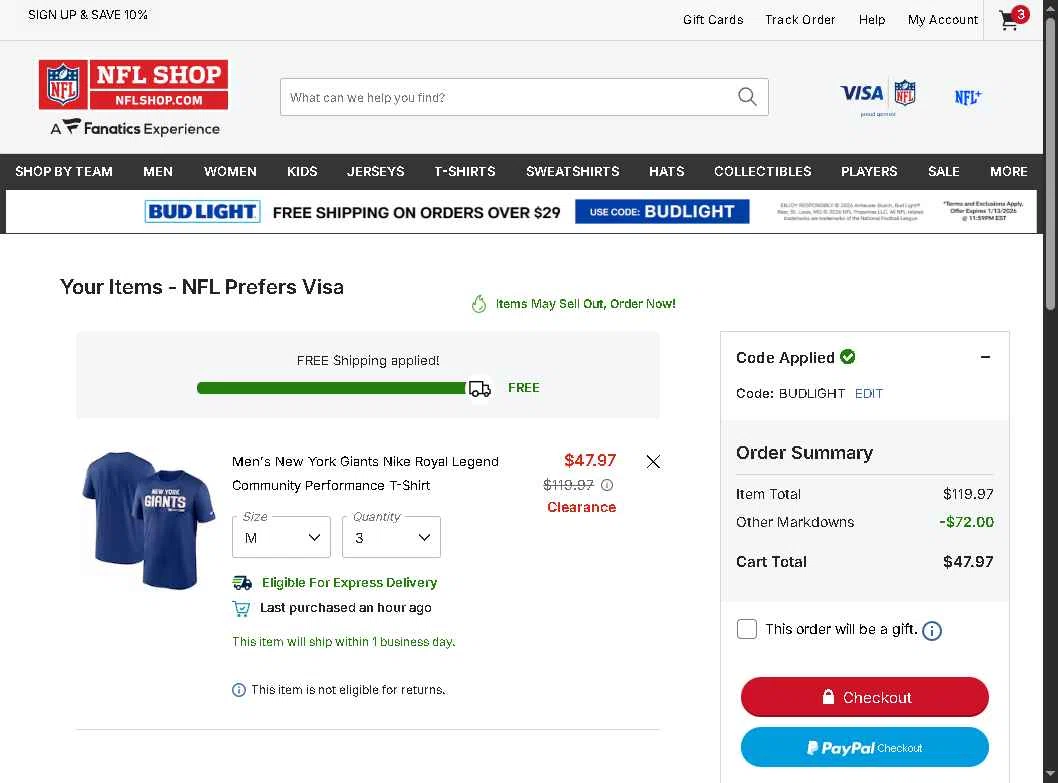 New York Giants checkout page showing New York Giants promo code box | Screenshot taken by SimplyCodes community member on Jan 13, 2026