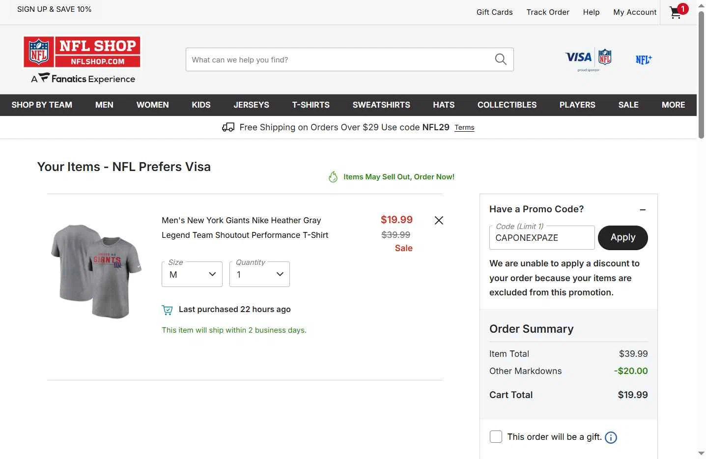 New York Giants checkout page showing New York Giants promo code box | Screenshot taken by SimplyCodes community member on Jan 24, 2026