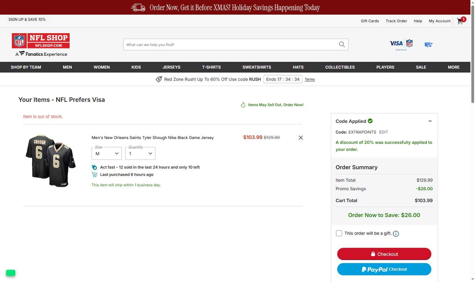 New York Giants checkout page showing New York Giants promo code box | Screenshot taken by SimplyCodes community member on Dec 14, 2025