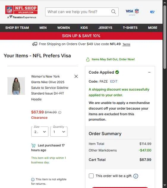New York Giants checkout page showing New York Giants promo code box | Screenshot taken by SimplyCodes community member on Feb 4, 2026