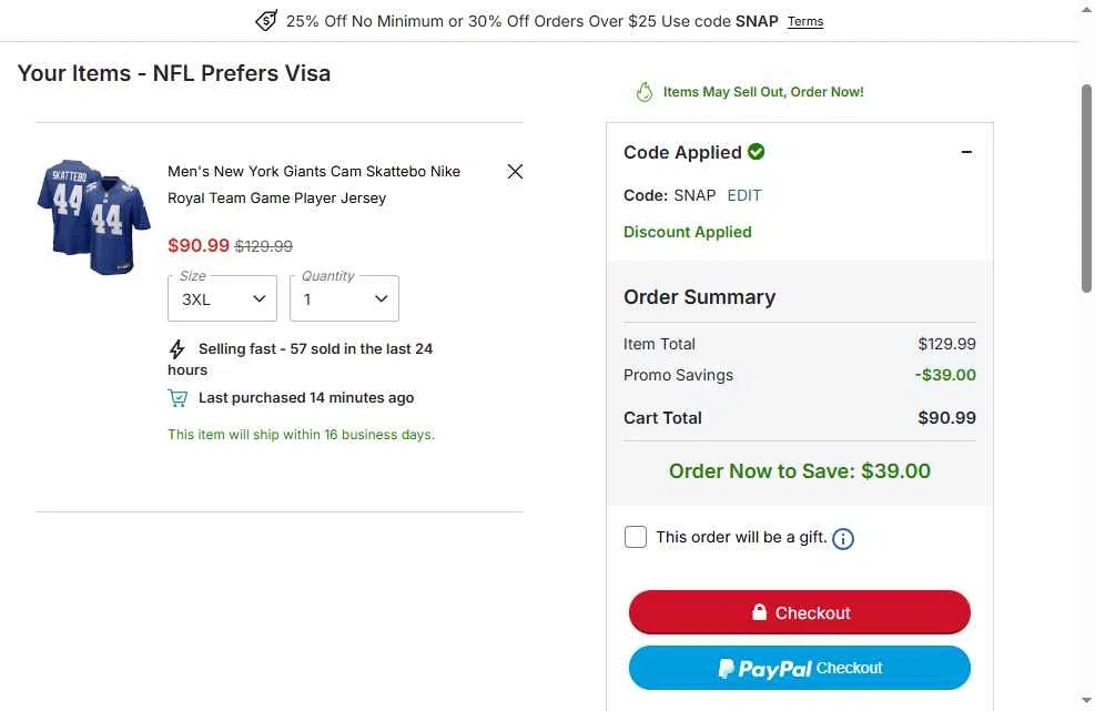 New York Giants checkout page showing New York Giants promo code box | Screenshot taken by SimplyCodes community member on Dec 9, 2025
