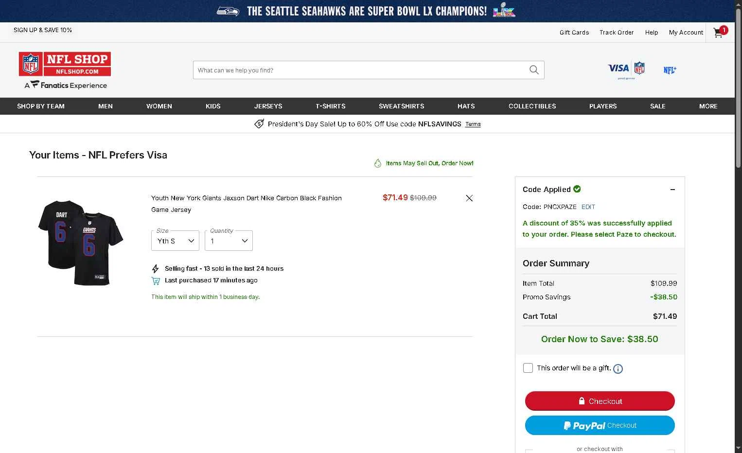 New York Giants checkout page showing New York Giants promo code box | Screenshot taken by SimplyCodes community member on Feb 14, 2026