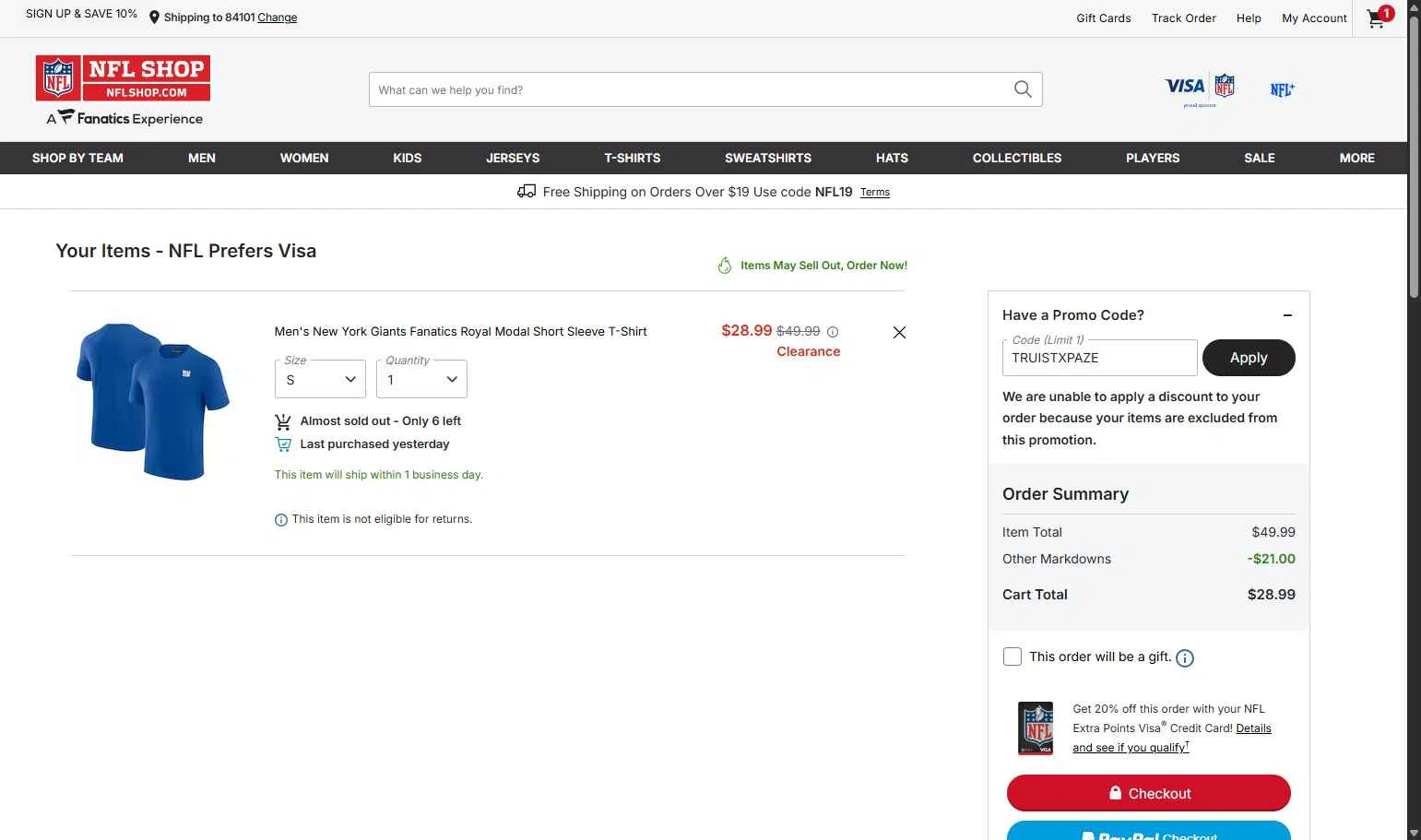 New York Giants checkout page showing New York Giants promo code box | Screenshot taken by SimplyCodes community member on Jan 8, 2026