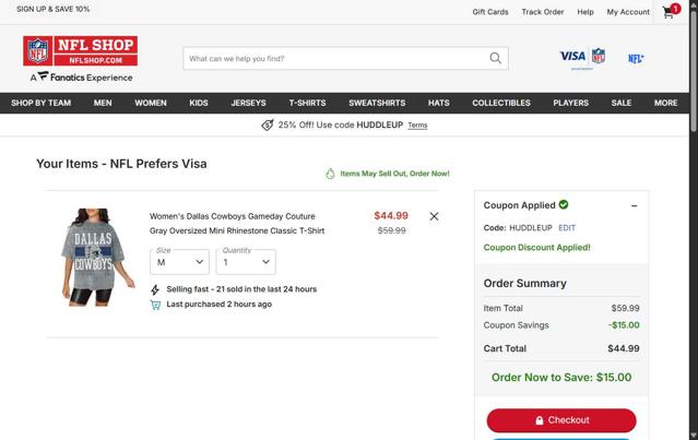 New York Giants checkout page showing New York Giants promo code box | Screenshot taken by SimplyCodes community member on Oct 2, 2025