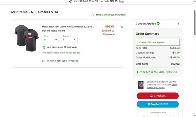 New York Giants checkout page showing New York Giants promo code box | Screenshot taken by SimplyCodes community member on Sep 5, 2025