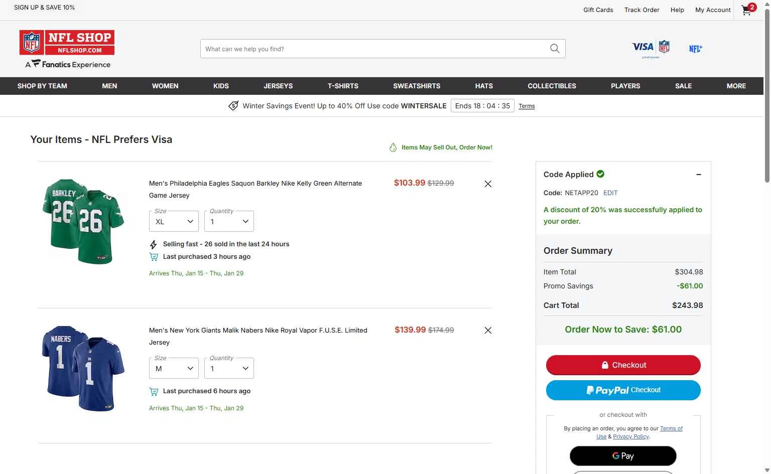 New York Giants checkout page showing New York Giants promo code box | Screenshot taken by SimplyCodes community member on Dec 31, 2025
