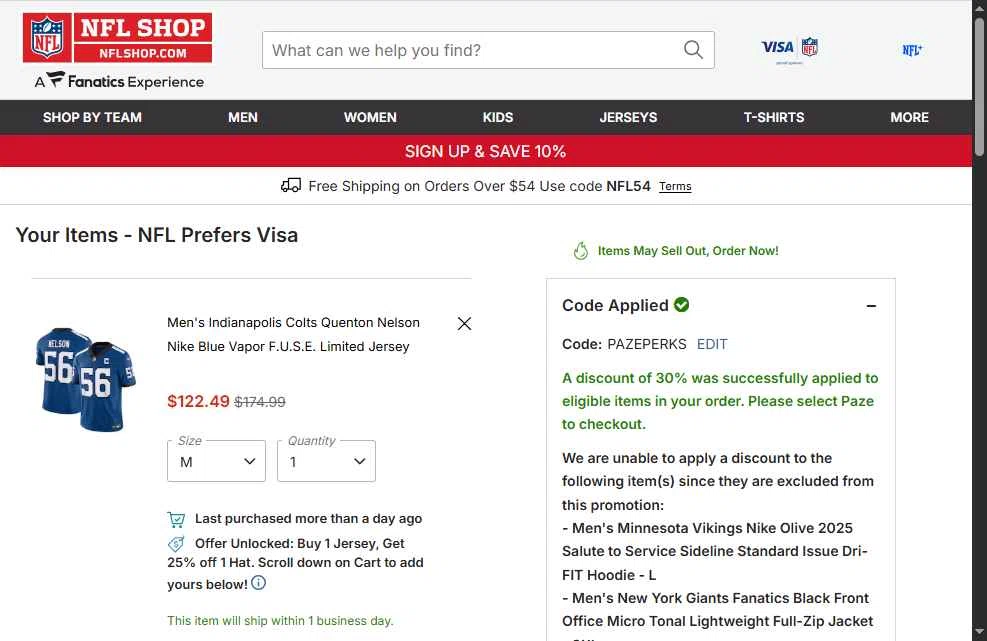 New York Giants checkout page showing New York Giants promo code box | Screenshot taken by SimplyCodes community member on Feb 18, 2026