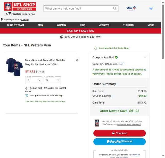 New York Giants checkout page showing New York Giants promo code box | Screenshot taken by SimplyCodes community member on Sep 30, 2025