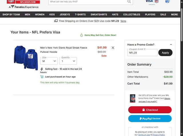 New York Giants checkout page showing New York Giants promo code box | Screenshot taken by SimplyCodes community member on Sep 13, 2025