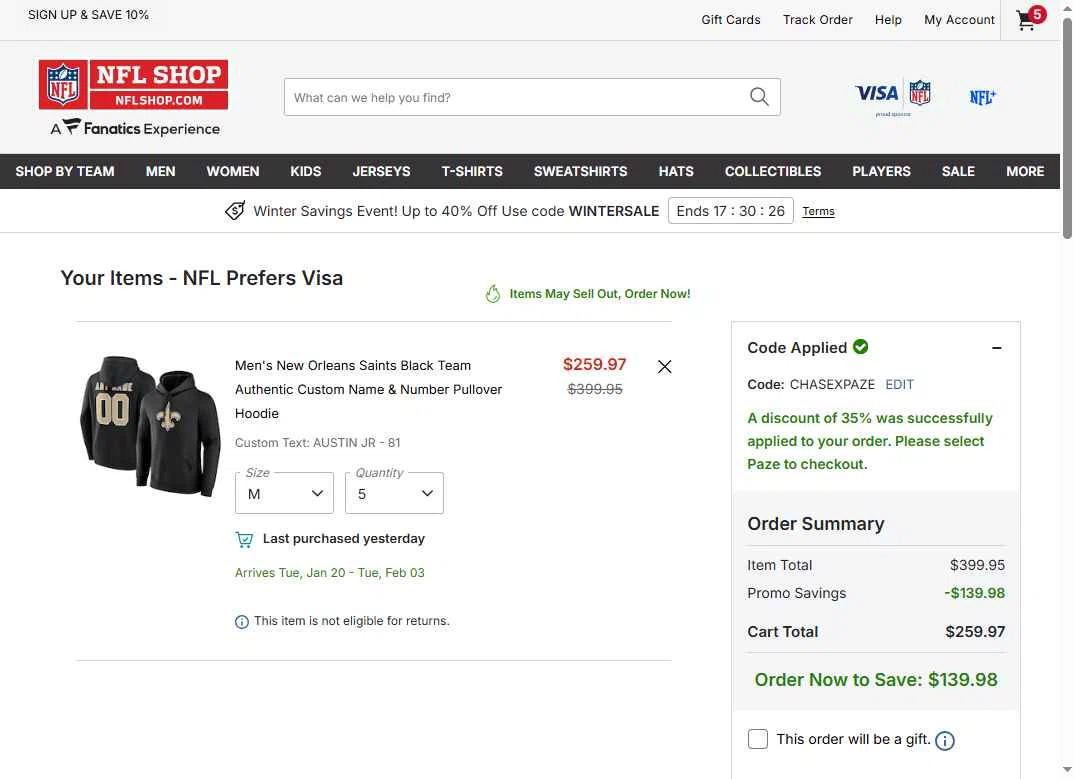 New York Giants checkout page showing New York Giants promo code box | Screenshot taken by SimplyCodes community member on Dec 31, 2025