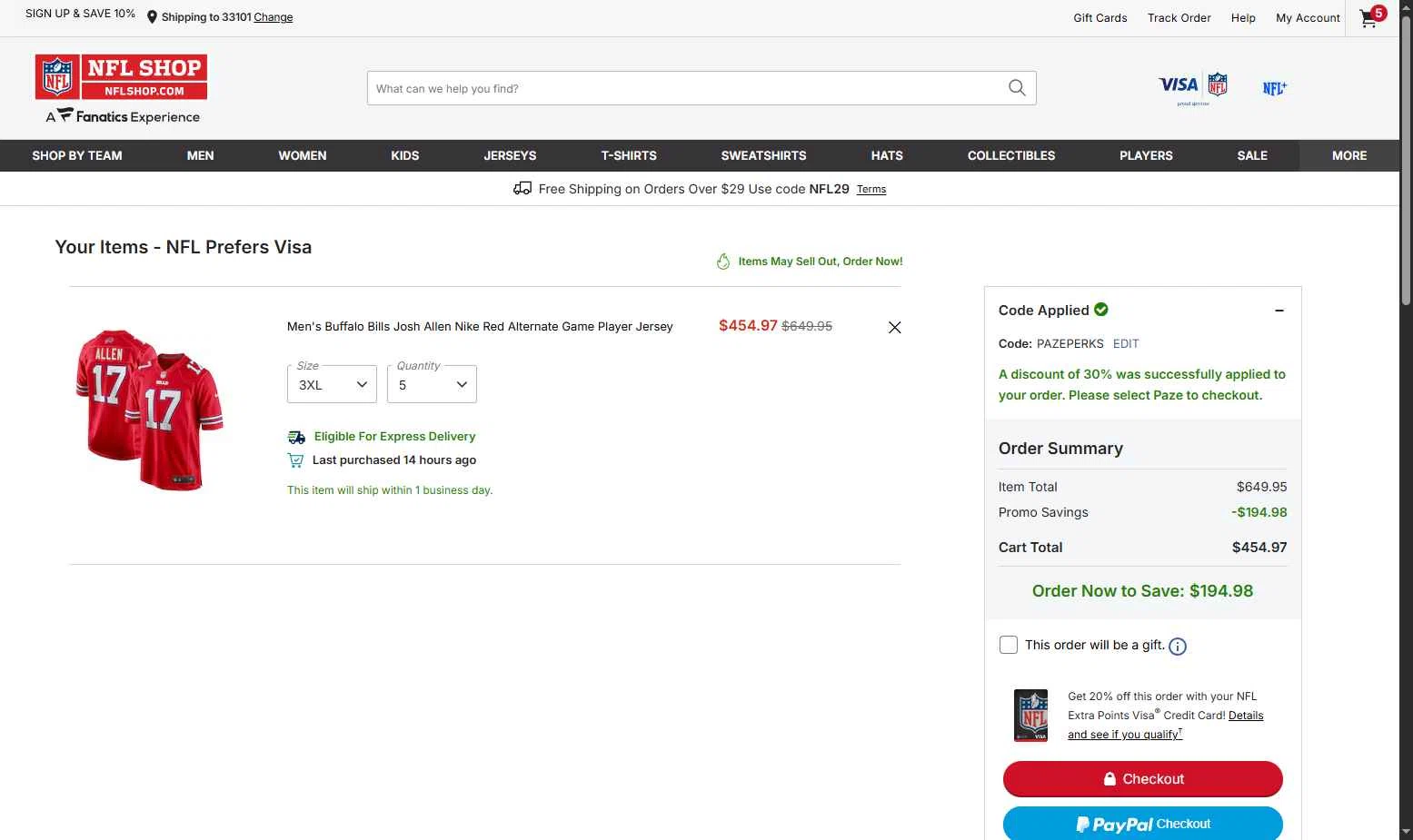 New York Giants checkout page showing New York Giants promo code box | Screenshot taken by SimplyCodes community member on Jan 20, 2026