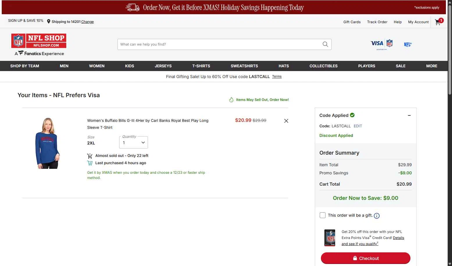 New York Giants checkout page showing New York Giants promo code box | Screenshot taken by SimplyCodes community member on Dec 19, 2025