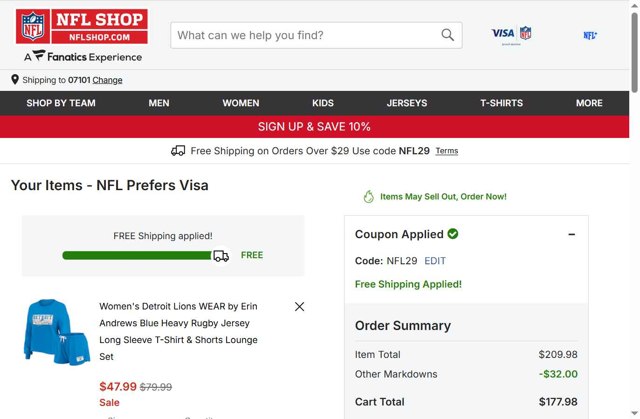 New York Giants checkout page showing New York Giants promo code box | Screenshot taken by SimplyCodes community member on Aug 13, 2025