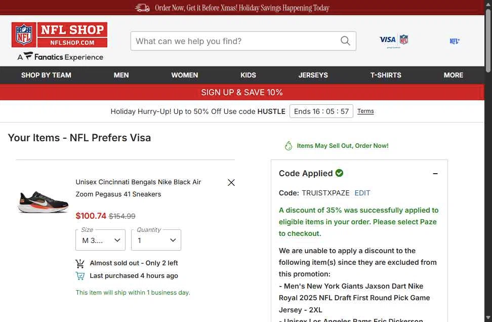 New York Giants checkout page showing New York Giants promo code box | Screenshot taken by SimplyCodes community member on Dec 10, 2025