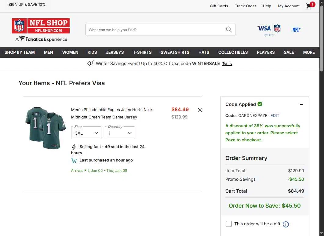 New York Giants checkout page showing New York Giants promo code box | Screenshot taken by SimplyCodes community member on Dec 26, 2025