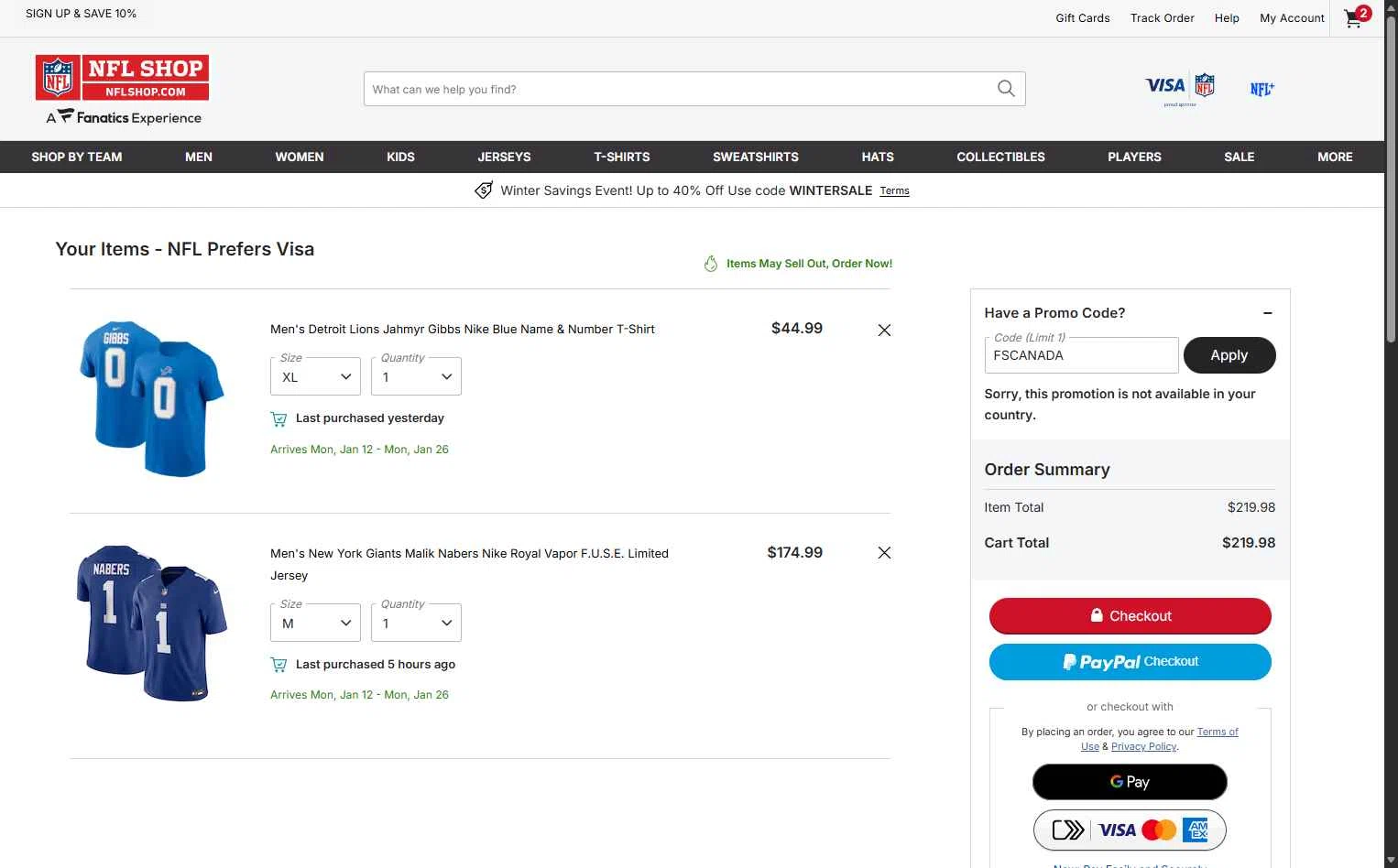 New York Giants checkout page showing New York Giants promo code box | Screenshot taken by SimplyCodes community member on Dec 23, 2025
