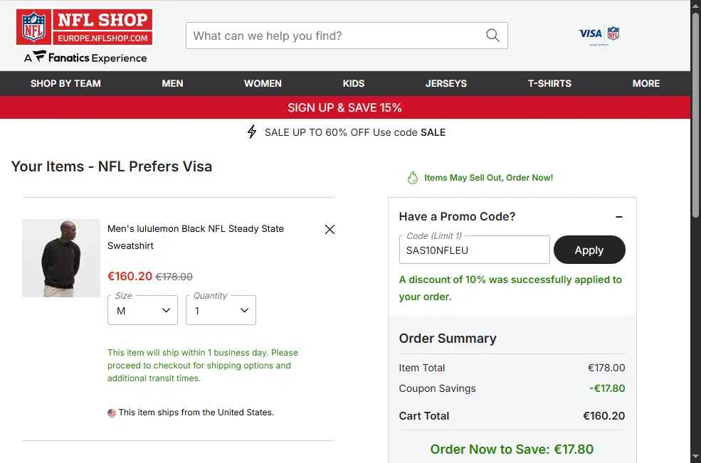 New York Giants checkout page showing New York Giants promo code box | Screenshot taken by SimplyCodes community member on Dec 28, 2025