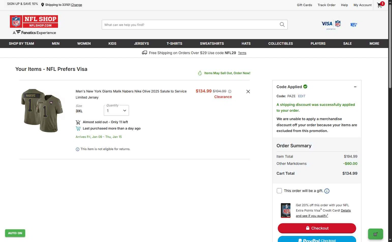 New York Giants checkout page showing New York Giants promo code box | Screenshot taken by SimplyCodes community member on Jan 6, 2026