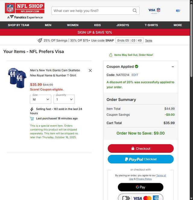 New York Giants checkout page showing New York Giants promo code box | Screenshot taken by SimplyCodes community member on Oct 5, 2025
